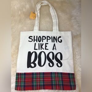 NWT “shopping like a boss” shopping bag cream w red plaid base handmade